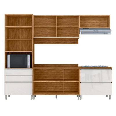 Cozinha Completa Bartira Amazonita 9 Portas 4 Gavetas 7 Prateleiras Branco com Damasco
