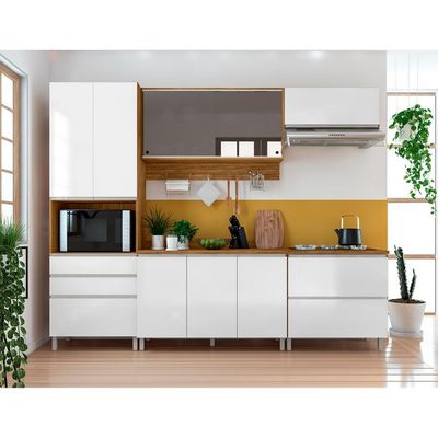 Cozinha Completa Bartira Amazonita 9 Portas 4 Gavetas 7 Prateleiras Branco com Damasco