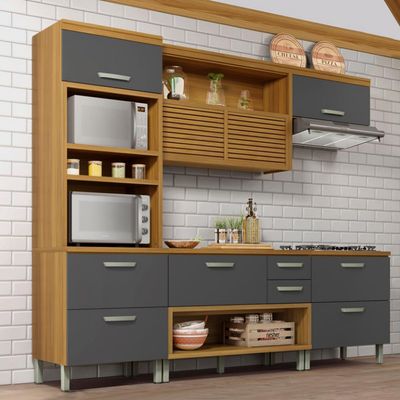 Cozinha Completa em MDF Nesher Princesa com 6 Portas 4 Gavetas e 12 Prateleiras Freijo e Grafite