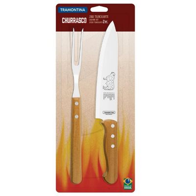 Conjunto para Churrasco Trinchante Tramontina Dynamic em Aço Inox e Madeira  2 Peças Inox com Marrom