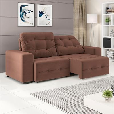 Sofá 4 Lugares Bonno com Assento Retrátil e Encosto Reclinável em Tecido Suede 230cm Linoforte Cacau