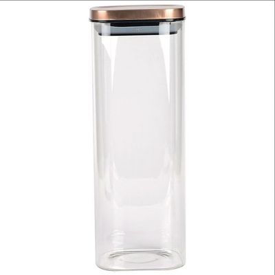 Porta Mantimentos Quadrado Dynasty em Vidro Borossilicato com Tampa de Metal Cobre 1,9L Transparente com cobre