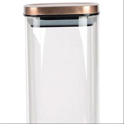 Porta Mantimentos Quadrado Dynasty em Vidro Borossilicato com Tampa de Metal Cobre 1,9L Transparente com cobre