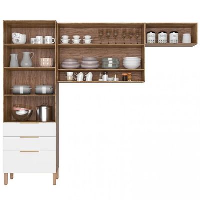 Cozinha Compacta Topázio UP com 5 Portas 3 Gavetas e 4 Prateleiras  262,5cm de largura Bartira Damasco com Branco