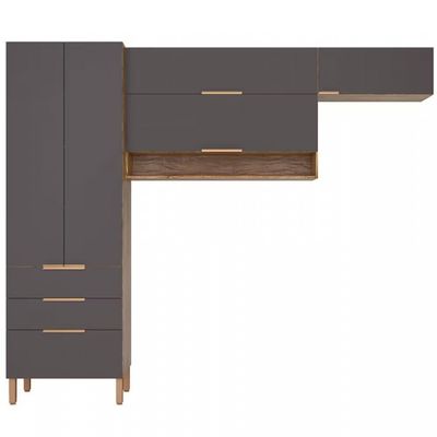 Cozinha Compacta Bartira Topázio UP com 5 Portas, 3 Gavetas e 4 Prateleiras 262.5cm Marrom/Cinza