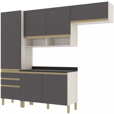 Cozinha Compacta Bartira Jaspe com 6 Portas 3 Gavetas e 6 Prateleiras 260.4cm Bege com Cinza