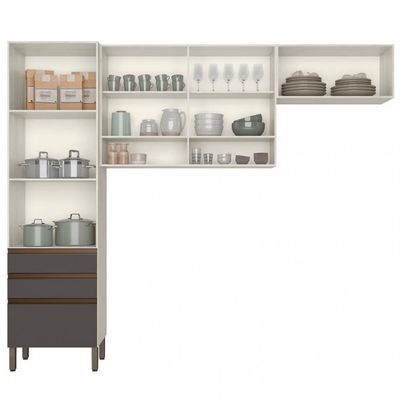 Cozinha Compacta Jaspe com 4 Portas 3 Gavetas e 5 Prateleiras 260,4cm de largura Bartira Freixo com Grafite