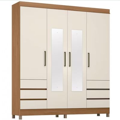 Guarda-Roupa Casal Demóbile Mônaco 4 Portas 6 Gavetas com Espelho 195cm Amendôla com Off White