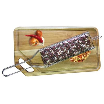 Conjunto de Grelha para Coraçãozinho e Espetos Simples Utimil em Aço Cromado, Aço Inox e Madeira  3 Peças Inox, Cromado e Natural