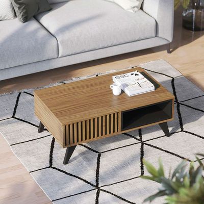 Mesa de Centro Colibri Jeri MDP com Pés de Madeira Maciça Noce Milano com Preto Fosco