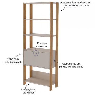 Estante Artely Match com 4 Prateleiras 1 Porta e 4 Nichos Off White/Carvalho