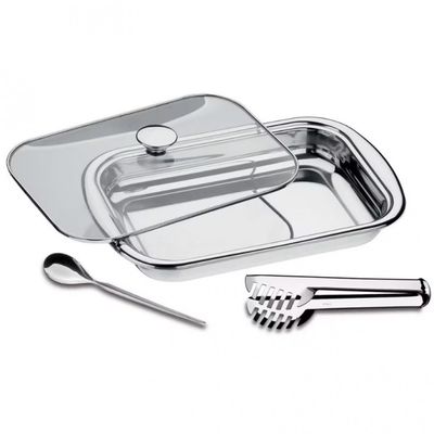 Conjunto de Travessa Pegador e Colher Tramontina em Inox 3 Peças Inox com transparente