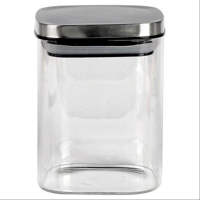 Porta Mantimentos Quadrado Dynasty em Vidro Borossilicato com Tampa de Metal 800 ml Transparente e Prata