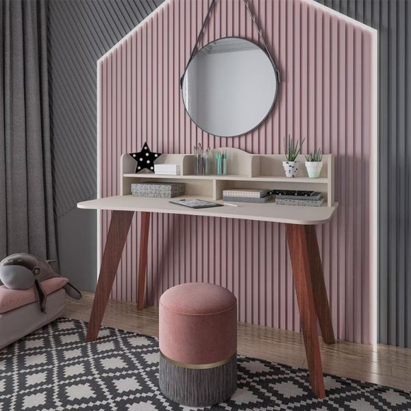 Escrivaninha Artely Sofia com Nichos 120cm de largura Off White/Cedro Brilho Fosco