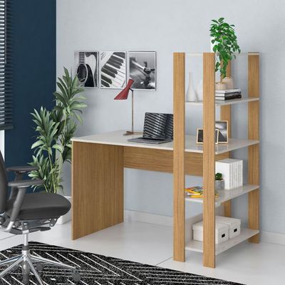 Escrivaninha Artely Match com 3 Prateleiras Espaço para Impressora e Nicho 120cm de Largura Off White/Carvalho Fosco