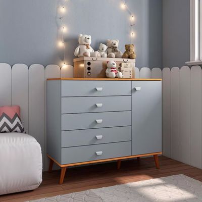 Cômoda Infantil Bartira Ternura com 5 Gavetas e 1 Porta com 106,8 cm de Largura Azul Wood