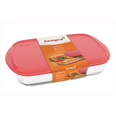 Lasanheira Refratária Retangular Sempre em Vidro Sodacal com Tampa Plástica  39 cm Vermelho com Transparente