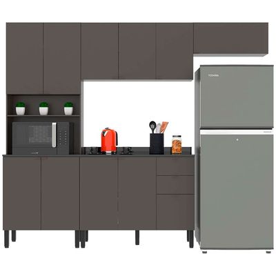 Cozinha Completa Bartira Joy com 11 Portas 2 Gavetas 5 Prateleiras e Nicho para Micro-ondas 244,5cm Grafite