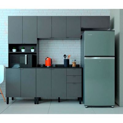 Cozinha Completa Bartira Joy com 11 Portas 2 Gavetas 5 Prateleiras e Nicho para Micro-ondas 244,5cm Grafite