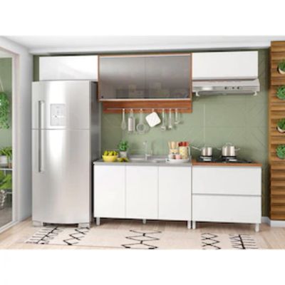 Cozinha Completa Bartira Amazonita com 8 Portas, 1 Gaveta e 4 Prateleiras 280cm de largura Damasco com Branco