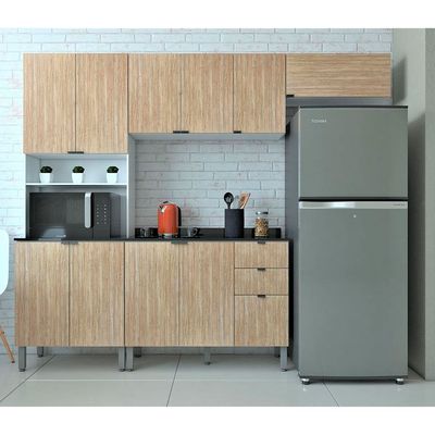 Cozinha Completa Bartira Joy com 11 Portas 2 Gavetas 5 Prateleiras e Nicho para Micro-ondas 244,5cm Branco com Damasco