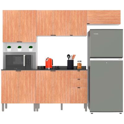 Cozinha Completa Bartira Joy com 11 Portas 2 Gavetas 5 Prateleiras e Nicho para Micro-ondas 244,5cm Branco com Damasco