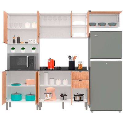 Cozinha Completa Bartira Joy com 11 Portas 2 Gavetas 5 Prateleiras e Nicho para Micro-ondas 244,5cm Branco com Damasco