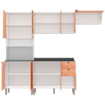 Cozinha Completa Bartira Joy com 11 Portas 2 Gavetas 5 Prateleiras e Nicho para Micro-ondas 244,5cm Branco com Damasco