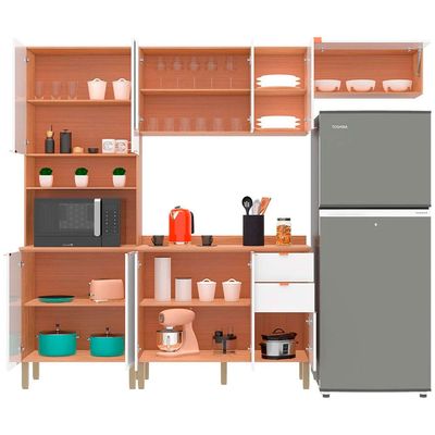 Cozinha Completa Bartira Joy com 11 Portas 2 Gavetas 5 Prateleiras e Nicho para Micro-ondas 244,5cm Damasco com Branco