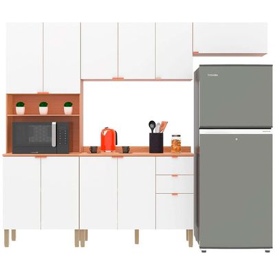 Cozinha Completa Bartira Joy com 11 Portas 2 Gavetas 5 Prateleiras e Nicho para Micro-ondas 244,5cm Damasco com Branco