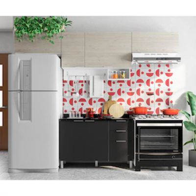 Cozinha Completa Bartira Rubi com 6 Portas, 3 Gavetas e 3 Prateleiras Branco com Freixo