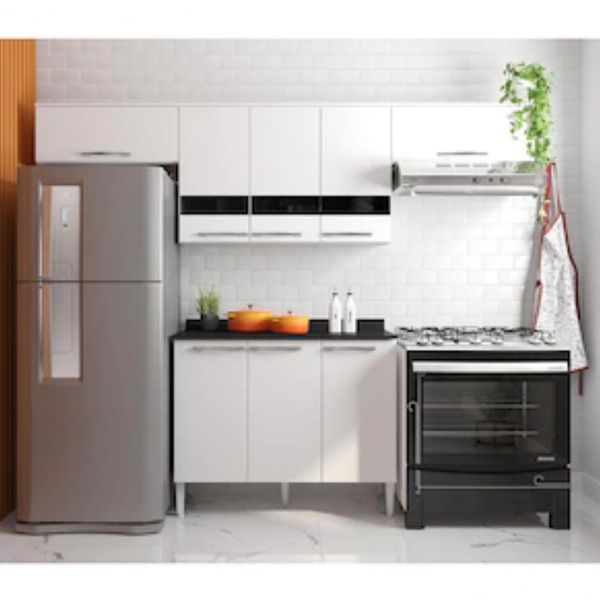 Cozinha Completa Safira Plus com 8 Portas e 3 Prateleiras Bartira Branco com Preto Cozinha Completa Safira Plus com 8 Portas e 3 Prateleiras Bartira Branco com Preto