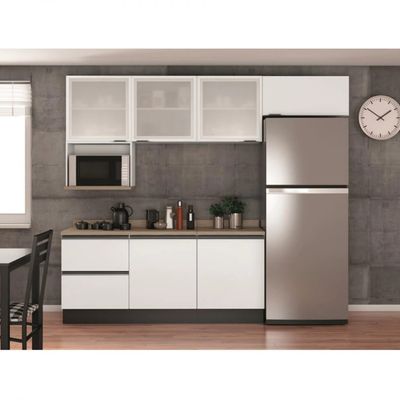 Cozinha Completa Bartira Linea 6 Portas, 3 Gavetas, Portas de Vidro e Nicho Branco