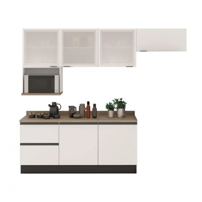 Cozinha Completa Bartira Linea 6 Portas, 3 Gavetas, Portas de Vidro e Nicho Branco