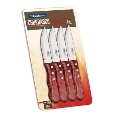 Conjunto Facas 5 Polegadas para Churrasco Tramontina Polywood Aço Inox e Madeira 4 Peças Inox com Marrom
