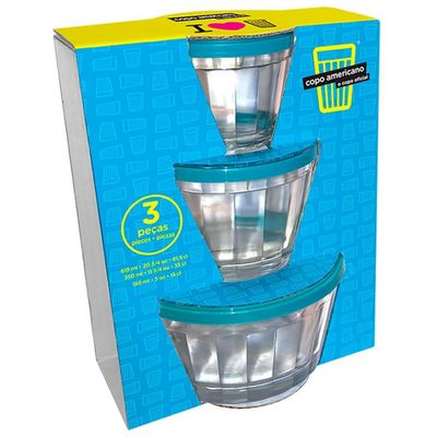 Conjunto de Tigelas com Tampa Copo Americano em Vidro 3 Peças Transparente