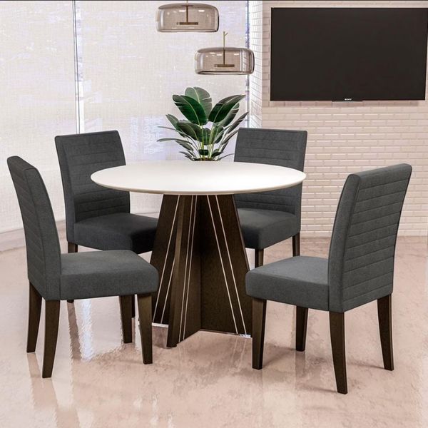 Mesa de Jantar Turim com 4 Cadeiras Revestimento em Tecido Linho Dobuê Castanho, Branco Off e Grafite