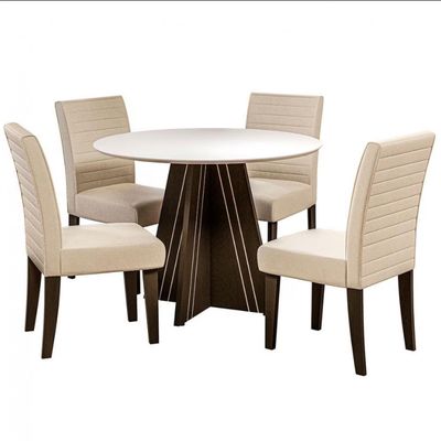 Mesa de Jantar Turim com 4 Cadeiras Revestimento em Tecido Linho Dobuê Castanho, Branco Off e Bege
