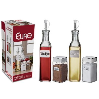 Galheteiro Euro Home Label com Suporte 4 Peças Inox