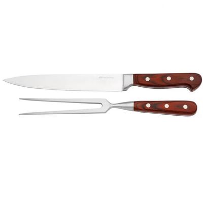 Conjunto Faca e Garfo Trinchante Fracalanza Hanzo Wood 2 Peças Inox com Marrom