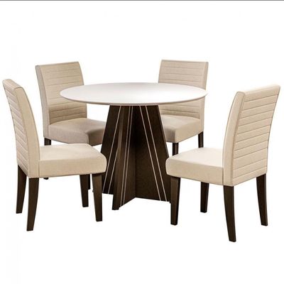 Mesa de Jantar Turim com 4 Cadeiras Revestimento em Tecido Linho Dobuê Castanho, Branco Off e Bege