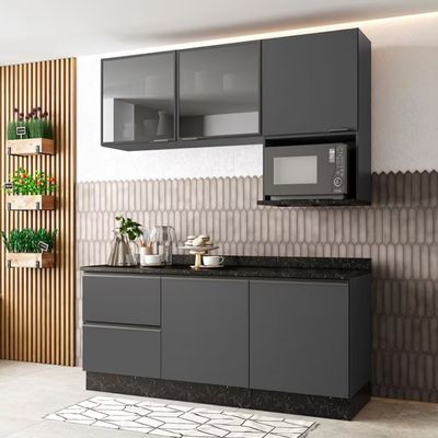 Cozinha Compacta Bartira Línea com 5 Portas, 3 Gavetas e 4 Prateleiras 180cm Grafite