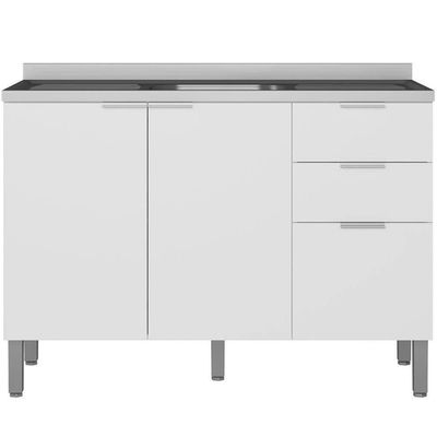 Balcão Bartira Universal com 1 Pia, 2 Portas e 3 Gavetas - 120cm de largura Branco