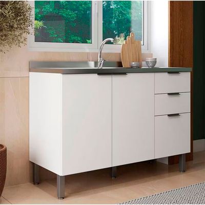 Balcão Bartira Universal com 1 Pia, 2 Portas e 3 Gavetas - 120cm de largura Branco