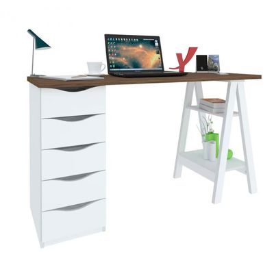 Escrivaninha Artany Spirit II com 5 Gavetas Nogal com Branco