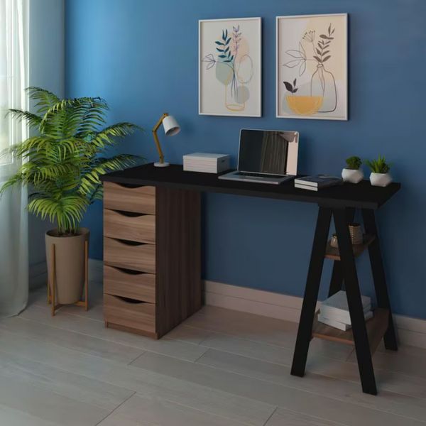 Escrivaninha Artany Spirit II com 5 Gavetas Preto com Ipê