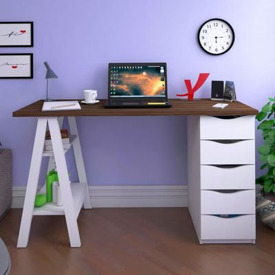 Escrivaninha Artany Spirit II com 5 Gavetas Nogal com Branco