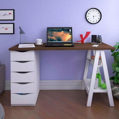 Escrivaninha Artany Spirit II com 5 Gavetas Nogal com Branco