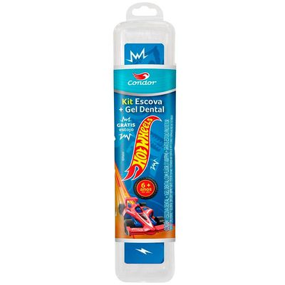 Kit Condor Hot Wheels Escova + Gel Dental com Flúor Morango 50g Azul