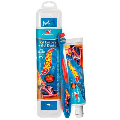 Kit Condor Hot Wheels Escova + Gel Dental com Flúor Morango 50g Azul